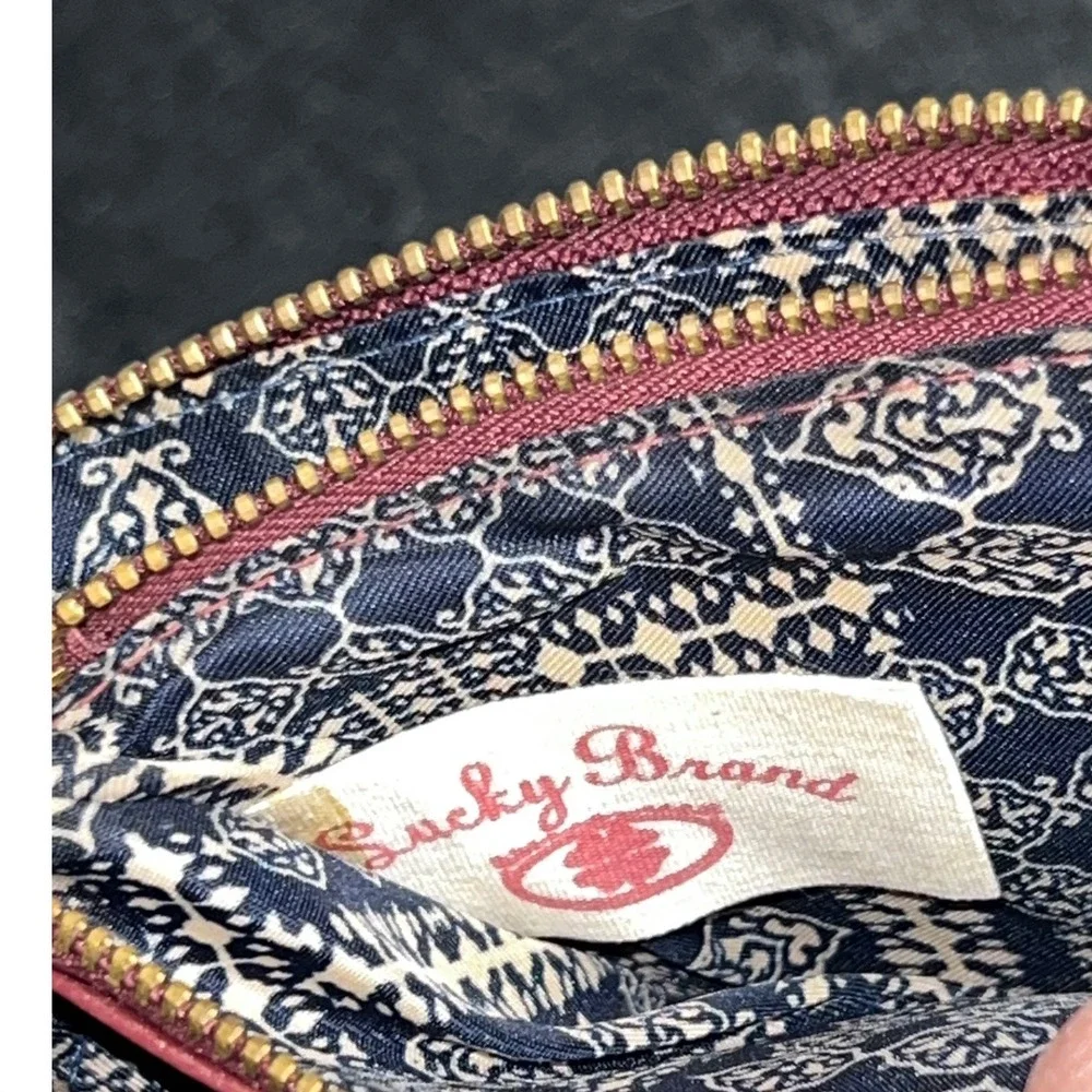 Lucky Brand Embroidered Leather Wristlet Pouch Women OS Burgundy Good Boho